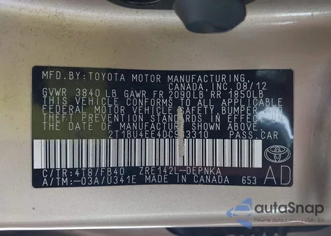 2013 Toyota Corolla Le from USA, damaged, VIN 2T1BU4EE4DC933310